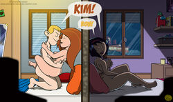 1boy 2girls arms_around_waist ass biting_lip black_hair blonde_hair canon_couple closed_eyes dat_ass disney eavesdropping female fondling_breast headband ilpanza kim_possible kimberly_ann_possible legs_around_partner listening_to_sex male masturbation moaning moaning_in_pleasure multiple_girls neighbors nipples on_bed on_knees orange_hair ron_stoppable sex sideboob speech_bubble thin_waist thin_wall yori_(kim_possible)