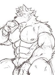 absurd_res anthro barrel_(live_a_hero) canid canine canis drinking flaccid furry_only genitals hi_res inuyama_kensin live-a-hero male male_only mammal monochrome muscular muscular_anthro muscular_male nipples pecs penis penis_base sketch solo wolf