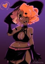 1girls 2020 alternate_color artist_signature belt caffeccino cleavage clothing costume dark_skin eyebrows_visible_through_hair eyes_visible_through_hair garter_straps gloves halloween heart large_breasts midriff navel open_mouth orange_eyes orange_hair papaya_(caffeccino) sideboob skirt skull_earrings thighhighs wink witch