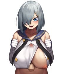 breasts cinko cosplay crop_top elbow_gloves gloves hair hair_ornament hair_over_one_eye hairclip hamakaze_(kantai_collection) highres kantai_collection large_breasts nipples paizuri paizuri_under_clothes penis sailor_collar shimakaze_(kantai_collection) shimakaze_(kantai_collection)_(cosplay) silver_hair solo_focus straight white_gloves