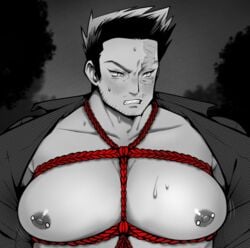 1boy bara big_pecs bondage dilf endeavor_(my_hero_academia) enji_todoroki facial_hair front_view huge_pecs human human_only looking_away male male_chest male_focus male_nipples male_only man_boobs manboobs mature mature_male monochrome moobs muscle muscles muscular_male my_hero_academia nipple_piercing nipples niucniuc open_clothes open_topwear pecs pectorals pierced_nipples red_rope rope rope_bondage rope_harness scar scar_on_face solo solo_focus solo_male sweat sweatdrop sweating teeth teeth_clenched teeth_showing