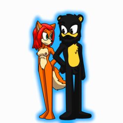 anthro bear beard black_fur black_hair breasts brown_eyes couple fan_character fox fur furry furry_only green_eyes lesitsa misha misha_and_lesitsa orange_fur red_hair reference_image russianbear_(artist) simple_background small_penis sonic_(series) staring testicles