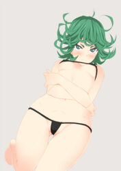 1girls akage blush female female_only green_hair micro_bikini one-punch_man simple_background small_breasts solo tatsumaki