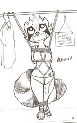 alec8ter anthro bondage bound clothed clothing english_text female fur gag mammal monochrome panties procyonid raccoon rope rope_bondage rope_harness sex_toy shirt sign solo t-shirt tank_top tape tape_gag text topwear underwear vibrator