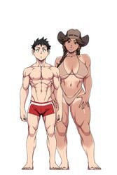 1boy 1boy1girl 1girls abigail_(ignitioncrisis) artist_on_twitter barefoot big_break! bikini black_eyes black_hair braided_hair brown_eyes brown_hair bulge cowboy_hat cowgirl farmgirl feet female freckles friends height_difference high_resolution ichan light-skinned_male looking_at_viewer male muscular muscular_female muscular_male original original_characters posing short_hair simple_background standing straight swimming_trunks taller_female tan_markings tanned_female tanned_skin troy_(ignitioncrisis) twitter_username white_background