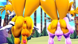 3d anthro anus ass ass_focus balls bedroom_eyes blue_eyes boots bulge butt_grab femboy fox furry gay girly gloves male male_only nude outdoors outside panties penis pink_panties presenting presenting_hindquarters public sonic_(series) source_filmmaker tails terezifaps yellow_fur