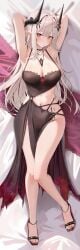 1girls 2023 arknights armpits arms_up big_breasts blush bra breasts hi_res horns jewelry light-skinned_female light_skin long_hair looking_at_viewer lying lying_on_back mudrock_(arknights) navel necklace pointy_ears red_eyes ru_zhai solo toes white_hair