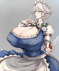 big_nipples cute elun_(meido) fully_clothed gigantic_breasts huge_nipples knife nipples_visible_through_clothing sakuya_izayoi tagme touhou white_hair