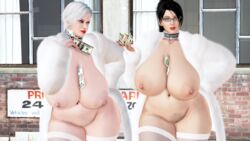 2girls 3d alternate_breast_size ass big_ass big_breasts black_eyeshadow black_hair breasts breasts_bigger_than_head brown_eyes busty christie_(doa) collar dead_or_alive female female_only fur_coat grey_eyes hairy_pussy honey_select hourglass_figure huge_ass huge_breasts large_breasts light-skinned_female light_skin long_breasts looking_at_viewer love_handles mascara momiji_(ninja_gaiden) money pose posing prostitution pubes pubic_hair pussy_hair red_lipstick silver_hair studded_collar tagged_collar thethiccart thick_thighs thighs voluptuous white_hair white_skin wide_hips