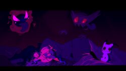 bed black_hair breasts dreepy gastly haunter hex_maniac laying_on_bed metabolisme mimikyu pokemon