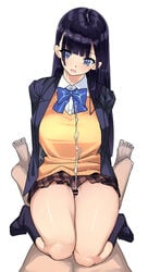 1boy :d bar_censor black_hair blue_neckwear bow bowtie cardigan censored commentary_request cum ejaculation eyebrows_visible_through_hair female highres kaedeko_(kaedelic) long_hair looking_at_another looking_down open_mouth original penis school_uniform simple_background smile socks straight thigh_sex thighs uchimura_reimi white_background yellow_cardigan