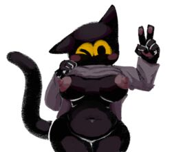 2020 anthro big_breasts blush bottomless breasts clothed clothing domestic_cat felid feline felis female general_proton gesture google google_doodle halloween halloween_2020 holidays magic_cat_academy mammal momo_(google) navel one_eye_closed robe simple_background solo v_sign white_background wink