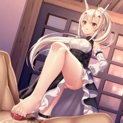 1boy absurdres arm_up armpits asisuki ayanami_(azur_lane) ayanami_(nightfall_raiment)_(azur_lane) azur_lane bare_shoulders barefoot black_dress blonde_hair breasts censored cleavage commentary_request cum detached_sleeves dress ejaculation female footjob frilled_dress frills game_cg hair_ornament headgear highres indoors leg_belt long_hair long_sleeves looking_down male_pubic_hair mosaic_censoring ponytail pubic_hair puffy_sleeves red_eyes small_breasts small_penis solo_focus standing thighs