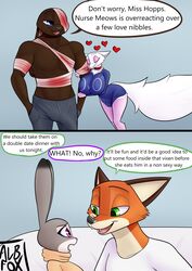 absurd_res albinefox albino anthro bandage big_breasts big_penis blood bodily_fluids breasts bulge canid canine clothing comic cuddling disney english_text fan_character female fox genitals group heart hi_res humor judy_hopps lagomorph large_breasts larger_male leporid licking male mammal marshmallow_(albinefox) muscular muscular_male nick_wilde owo penis predator/prey rabbit simple_background size_difference small_waist smaller_female smile text thick_thighs tongue tongue_out wide_hips zootopia