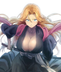 2/3(oh) angry blade bleach blonde blonde_hair blue_eyes breasts cleavage female hakama kimono large_breasts light_background long_hair looking_at_viewer matsumoto_rangiku mole orange_hair pixiv_id_4639080 plain_background shinigami_uniform simple_background solo solo_female sword traditional_clothes uniform wafuku weapon white_background