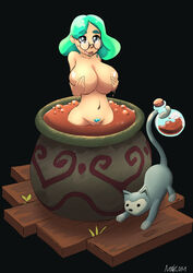 big_breasts cat cauldron covering_nipples feline glasses green_hair long_hair moonlighter naked nooklom potion pussy sweatdrop white_skin