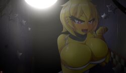 1girls arm_under_breasts big_breasts blonde_hair breasts chica_(fnaf) cleavage female five_nights_at_freddy's five_nights_in_anime heart-shaped_pupils holding_breast holding_breasts holding_up_breasts looking_at_viewer naughty_face purple_eyes robot solo solo_female solo_focus suggestive tagme