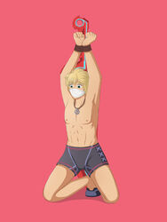 1boy abs arms_above_head bondage gag gagged looking_down male male_focus male_only malesub nintendo restrained rope rope_bondage shulk_(xenoblade) solo solo_male swimsuit tied_up topless topless_male xenoblade_(series) xenoblade_chronicles