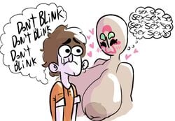 1boy 1girls big_ass big_belly big_breasts big_butt big_nipples brown_hair chubby chubby_female crying cumlord cumlord_(artist) d-class female female_focus horny imminent_rape imminent_sex inverted_nipples just_coffee number orange_shirt rape scp scp-173 scp_foundation simple_background simple_face sketch text