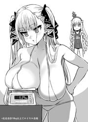 asanagi azur_lane big_breasts bikini breast_weights formidable_(azur_lane) greyscale hair_ribbon hand_on_hip huge_breasts long_hair looking_down measurements monochrome queen_elizabeth_(azur_lane) scale twintails weighing_breasts weighing_machine weighing_scale