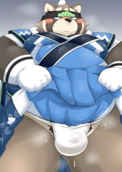 2020 anthro asian_clothing bake_gosut blush bulge canid canine clothed clothing clothing_lift east_asian_clothing embarrassed fundoshi hi_res japanese_clothing kemono kimono live-a-hero looking_away male male_only mammal overweight overweight_male pubes raccoon_dog shoen_(live_a_hero) solo tanuki underwear video_games