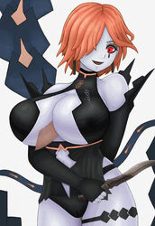 1girls alternate_breast_size big_breasts blue_skin breasts censored fire_emblem fire_emblem:_three_houses huge_breasts knife kronya_(fire_emblem) large_breasts nintendo one_eye_covered orange_hair paizuri partially_visible_vulva pussy red_eyes roaamuje short_hair sideboob smile straight weapon white_background