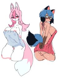 2020 2girls anthro areola areola_slip ass big_breasts blue_body blue_eyes blue_fur blue_hair blush brand_new_animal breasts brown_body brown_fur canid canine clothed clothing digital_media_(artwork) duo eyebrows eyelashes female female_only fluffy fluffy_tail fox fur genitals hi_res long_hair looking_at_viewer looking_back mammal meme meme_clothing michiru_kagemori minontui multiple_girls nazuna_hiwatashi nipples nude pink_body pink_eyes pink_fur pink_hair pussy raccoon_dog side_boob simple_background sketch skimpy smile studio_trigger sweater tanuki thick_thighs topwear virgin_killer_sweater white_background white_body white_fur