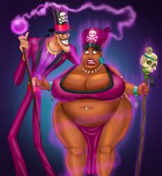 1boy 1girls bbw disney dr._facilier evil_smile gender_transformation huge_belly magic obese prince_naveen purple_background saturnxart shocked_expression simple_background skull_necklace skull_ornament the_princess_and_the_frog villain voodoo what