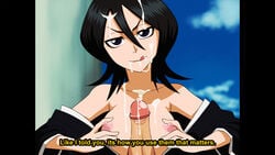 1boy 1girls alternate_version_available areolae black_hair bleach breasts_out cum cum_on_breasts cum_on_face cum_on_hair cum_on_penis dialogue dirtyero_(artist) ejaculation_between_breasts erect_nipples fake_screenshot female hands_on_breasts kuchiki_rukia licking_cum licking_lips looking_at_viewer male naizuri nipples paizuri penis pillarbox pov pov_eye_contact purple_eyes retro_artstyle smile solo_focus straight text tongue_out vhs_filter