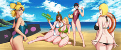 5girls ass bangs barefoot beach big_breasts bikini bikini_bottom_pull black_hair blonde_hair blue_eyes bob_cut breasts brown_eyes brown_hair cleavage facial_mark feet female female_only floater forehead_mark g8xxx goggles goggles_on_head green_eyes headphones high_resolution holding_object kneeling kurotsuchi lipstick long_hair looking_at_viewer looking_back makeup mei_terumi multiple_girls nail_polish naruto naruto_(series) naruto_shippuden nipples ocean ponytail quad_tails samui sand short_hair sideboob sitting standing sunglasses sunglasses_on_head surfboard swimsuit temari tied_hair topknot tsunade undressing very_high_resolution visible_nipples volleyball_(ball) water water_gun