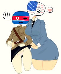 2girls american_flag angry assisted_exposure big_breasts blush breasts clothed clothing countryhumans countryhumans_girl duo female female_only flat_chest flawsy fully_clothed humanoid lifting_skirt north_korea north_korea_(countryhumans) north_korean_flag pale_skin panties petite size_difference skirt skirt_lift suit thick_thighs united_states_of_america united_states_of_america_(countryhumans) wide_hips