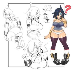 1girls 2020 ? ahoge bazooka_(official_mossy) bimbo black_hair bracelet cleavage earrings eyeshadow hairclip hoop_earrings hourglass_figure large_breasts lip_piercing midriff official_mossy panties pose sharp_teeth shoes skimpy sneakers thighhighs v voluptuous