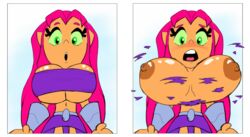 before_and_after blush breast_expansion bursting_breasts dc godalmite green_eyes green_sclera huge_breasts large_breasts long_hair nipples orange_skin overflowing_breasts pink_hair skirt starfire teen_titans teen_titans_go tight_fit top_heavy torn_clothes underboob