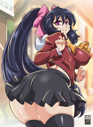 1girls ass bayeuxman big_ass big_breasts breasts curvy_figure female himari_noihara_(omamori_himari) huge_thighs large_ass large_breasts long_hair looking_down miniskirt omamori_himari pink_eyes purple_hair sideboob skirt thick_ass thick_thighs thigh_gap thighhighs thighs