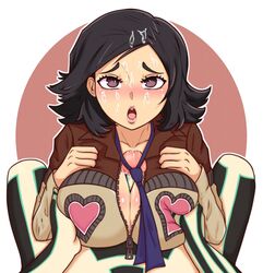 1boy 1girls alternate_breast_size atlus big_breasts big_penis black_hair blush breasts cum cum_between_breasts cum_on_face demi-fiend edit ejaculation_between_breasts green_eyes groping hands_on_breasts hitoshura jacket large_breasts maya_amano megami_tensei moursho necktie paizuri penis persona persona_2 precum shin_megami_tensei shin_megami_tensei_iii:_nocturne shoulder_length_hair straight suit sweat tattoo unseen_male_face