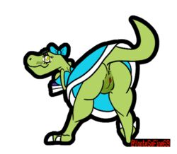 anthro anus blue_dress claws dinosaur dress dress_lift green_skin hairbow legs_apart presenting_hindquarters pussy reptile schoolgirl tail vontesofine69