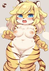 2020 anthro blonde_hair blue_eyes blush breasts cute_fangs digital_media_(artwork) eigetsu eyebrows fangs felid female female_focus fingers full_bokko_heroes_x fullbokko_heroes fur furry furry_only genitals hair kemono looking_at_viewer mammal multicolored_fur naked nipples nude open_mouth pantherine pussy simple_background smile solo solo_female solo_focus striped_body striped_fur stripes tail teeth thick_thighs tiger tongue white_body white_fur wide_hips yellow_body yellow_fur zhang_fei_(fullbokko_heroes)