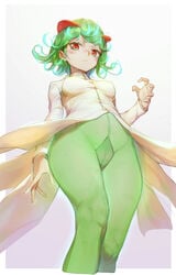 1girls blush breasts cameltoe cosplay cute female female_focus female_only game_freak green_bottomwear green_hair green_pants heiyz human_only kirlia kirlia_(cosplay) nintendo one-punch_man pokemon pokemon_(cosplay) pokemon_(species) pokemon_rse pussy red_eyes small_breasts solo solo_female tatsumaki thick_thighs vagina white_background white_top white_topwear