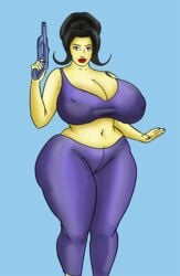 aeon_flux bimbo blue_clothes gun holding_gun huge_hips milf saturnxart seductive seductive_look simple_background tight_clothing yoga_pants