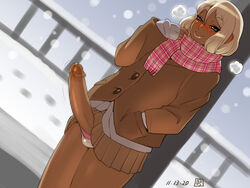 1boy blonde_hair blue_eyes blush bulge buttons censored closed_mouth crossdressing dark-skinned_femboy dark-skinned_male dark_skin dated doomcomic dutch_angle erection femboy gyaruo half-closed_eyes hand_in_pocket highres hung_trap jacket large_penis long_sleeves looking_at_viewer male_focus mosaic_censoring original otoko_no_ko panties penguindou penis pleated_skirt scarf school_uniform skirt smile snowing solo standing tan trap underwear