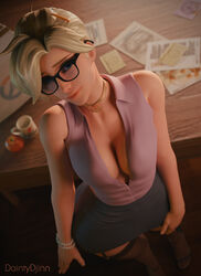 1girls 3d above_view bedroom_eyes blender blizzard_entertainment blonde_hair blouse blue_eyes business_suit business_woman choker cleavage daintydjinn dress_shirt eye_contact eyeshadow female garter_straps glasses grey_skirt high_heels inviting_to_sex light_skin looking_at_viewer mercy miniskirt office office_lady overwatch pencil_skirt pov seductive_look seductive_smile short_hair skirt skirt_suit slim stockings table thighhighs tied_hair tight_skirt white_blouse white_shirt