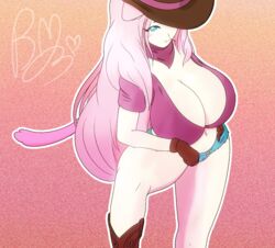 catgirl cowboy_boots cowboy_hat cowgirl female large_breasts long_hair looking_at_viewer low_cut_top missmoonified mooni_(missmoonified) pink_hair riley_moore_(artist) short_shorts thick_thighs