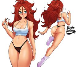 1girls android android_21 android_21_(human) ass bikini_bottom blue_eyes blush breasts cleavage dragon_ball dragon_ball_fighterz echosaber eye_contact female female_only ginger glasses glasses_off long_hair looking_at_viewer low_cut_top red_hair redhead sci-fi science_fiction scifi shounen_jump socks solo solo_female tank_top thighs thong white_background