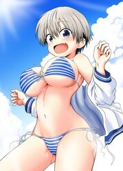 1girls belly bikini blue_eyes breasts female female_only grey_hair happy large_breasts navel open_mouth short_hair striped_bikini tagme take_(shokumu-taiman) underboob uzaki-chan_wa_asobitai! uzaki_hana