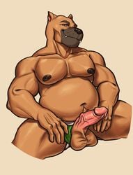 1boy absurd_res anthro balls belly biceps big_balls black_muzzle brown_body brown_fur canid canine canis clothing clothing_aside domestic_dog erection fangs foreskin fur genitals green_clothing green_underwear hair hi_res jockstrap male male_only mammal mostly_nude muscular muscular_anthro muscular_male navel overweight overweight_anthro overweight_male partially_clothed pecs penis penis_through_fly pit_bull pixelatedmilkshake pj_(pittiepj) poking_out presenting presenting_penis pubes simple_background slightly_chubby smile solo thick_thighs uncut underwear