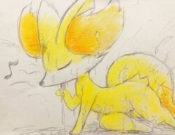 2018 3_toes big_ears black_nose bodily_fluids closed_eyes cum cum_covered cum_drip dripping eiroru female fennekin feral fluffy_ears fur genital_fluids genitals inner_ear_fluff licking licking_cum lying messy musical_note nintendo on_side pink_tongue pokémon_(species) pokemon pokemon_(species) pose pussy red_body red_eyes red_fur snout solo toes tongue tongue_out traditional_media_(artwork) tuft video_games white_body white_fur wide_eyed yellow_body yellow_fur