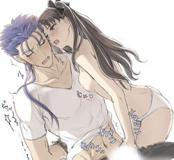 1boy arms_behind_back black_pants black_ribbon blue_hair blush breast_press breasts brown_hair collarbone commentary_request cu_chulainn_(fate) fate/stay_night fate_(series) female femdom hair_ribbon handjob highres long_hair looking_at_another malesub medium_breasts mondi_hl navel open_mouth open_pants panties pants ponytail restrained ribbon shirt simple_background tohsaka_rin topless underwear white_background white_panties white_shirt