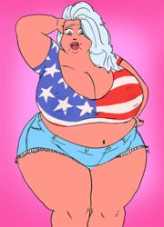 american_flag american_flag_shirt bbw gilf huge_breasts obese redneck saturnxart shocked_expression simple_background southern thick_thighs