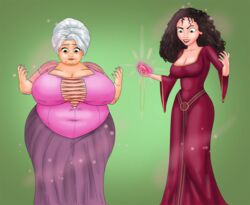 2girls age_difference age_progression age_regression age_switch aged_down aged_up amulet bbw clothing disney disney_princess dress evil_grin gilf huge_belly huge_breasts milf mother_gothel overweight_female rapunzel saturnxart simple_background tangled villain wardrobe_malfunction