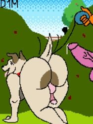 3:4 anthro ass backsack balls big_butt buster(dronemillion) canid canine canis collar cum_leaking domestic_dog dronemillion duo genitals leash looking_back male male/male mammal nude offscreen_character penis public public_nudity public_use tailwag tongue tongue_out walking